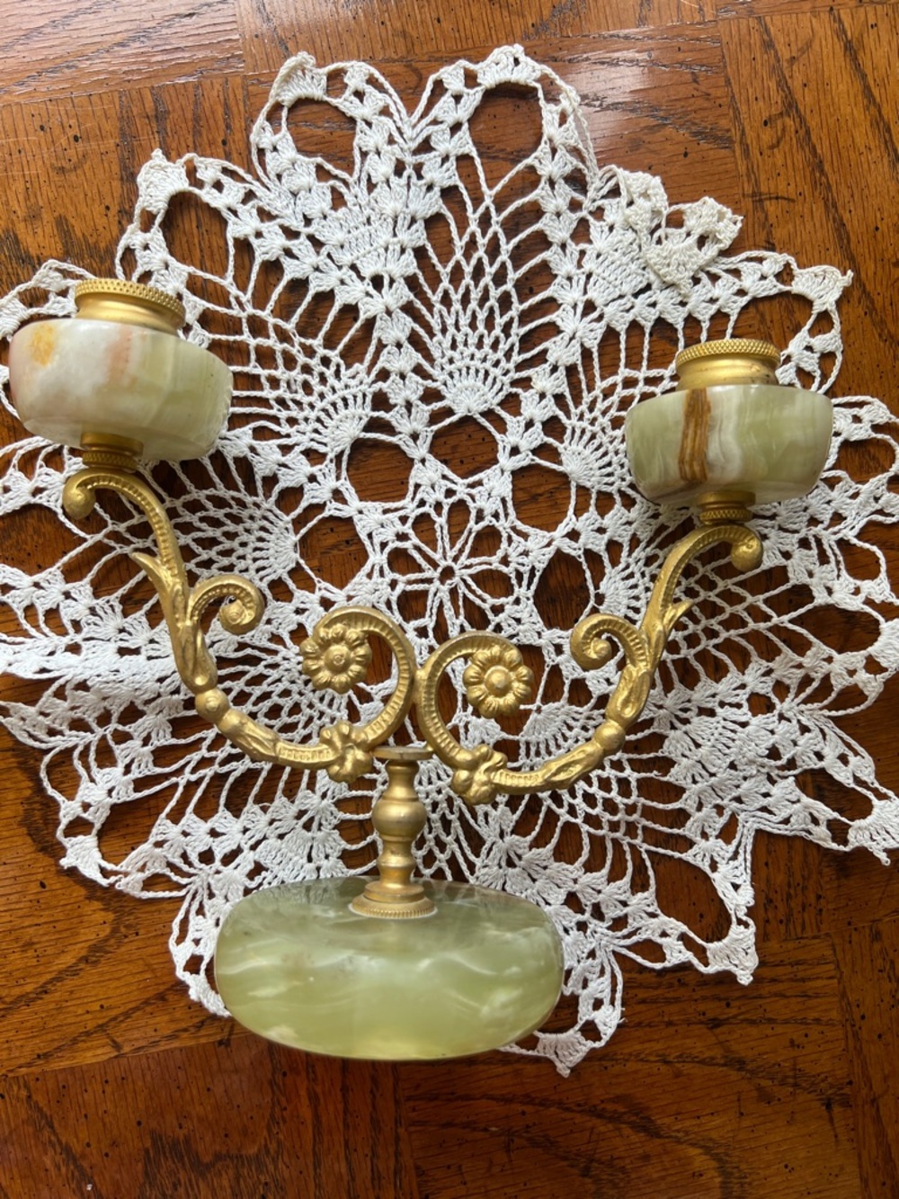 Vintage Two-Arm Jade & Brass Candle Holder - Green - Picture 4 of 4
